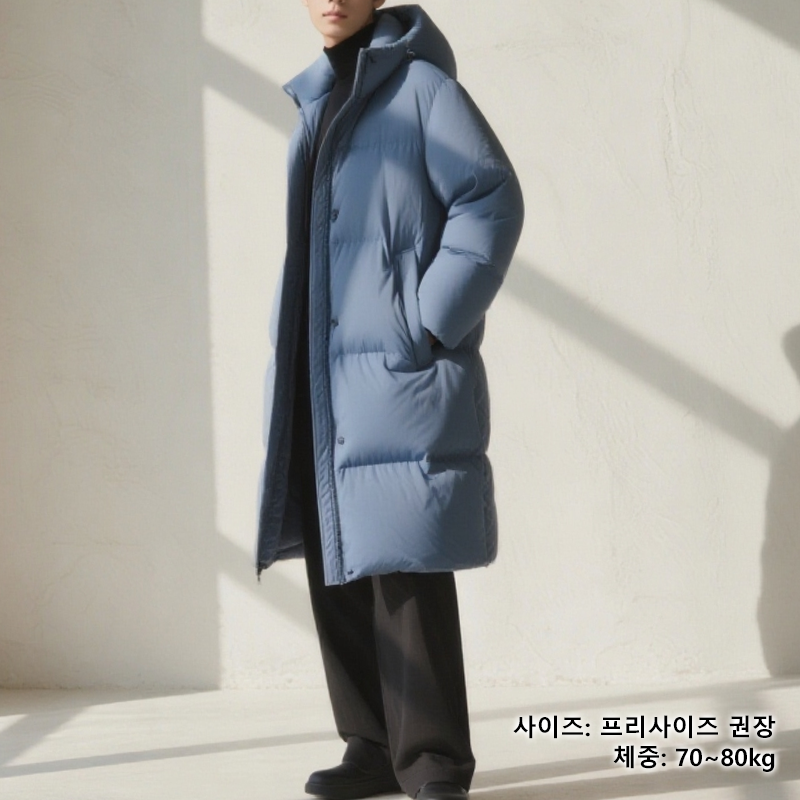 트렌디한 심플 블루 롱패딩 스타일링