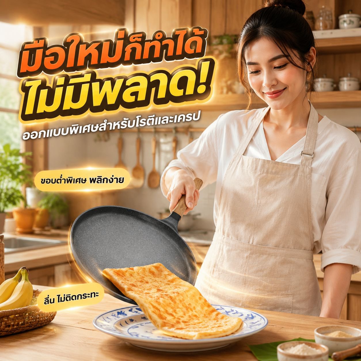 กระทะสเต็กด้ามไม้ เคลือบกันติด กระทะทำเครป ใช้กับเตาแม่เหล็กไฟฟ้าได้