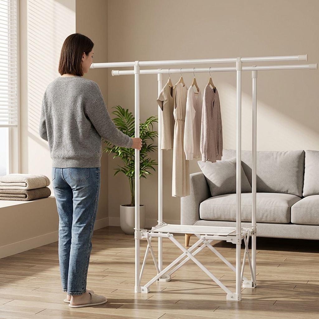 ราวแขวนเสื้อผ้าแบบตั้งพื้น พับได้และยืดได้