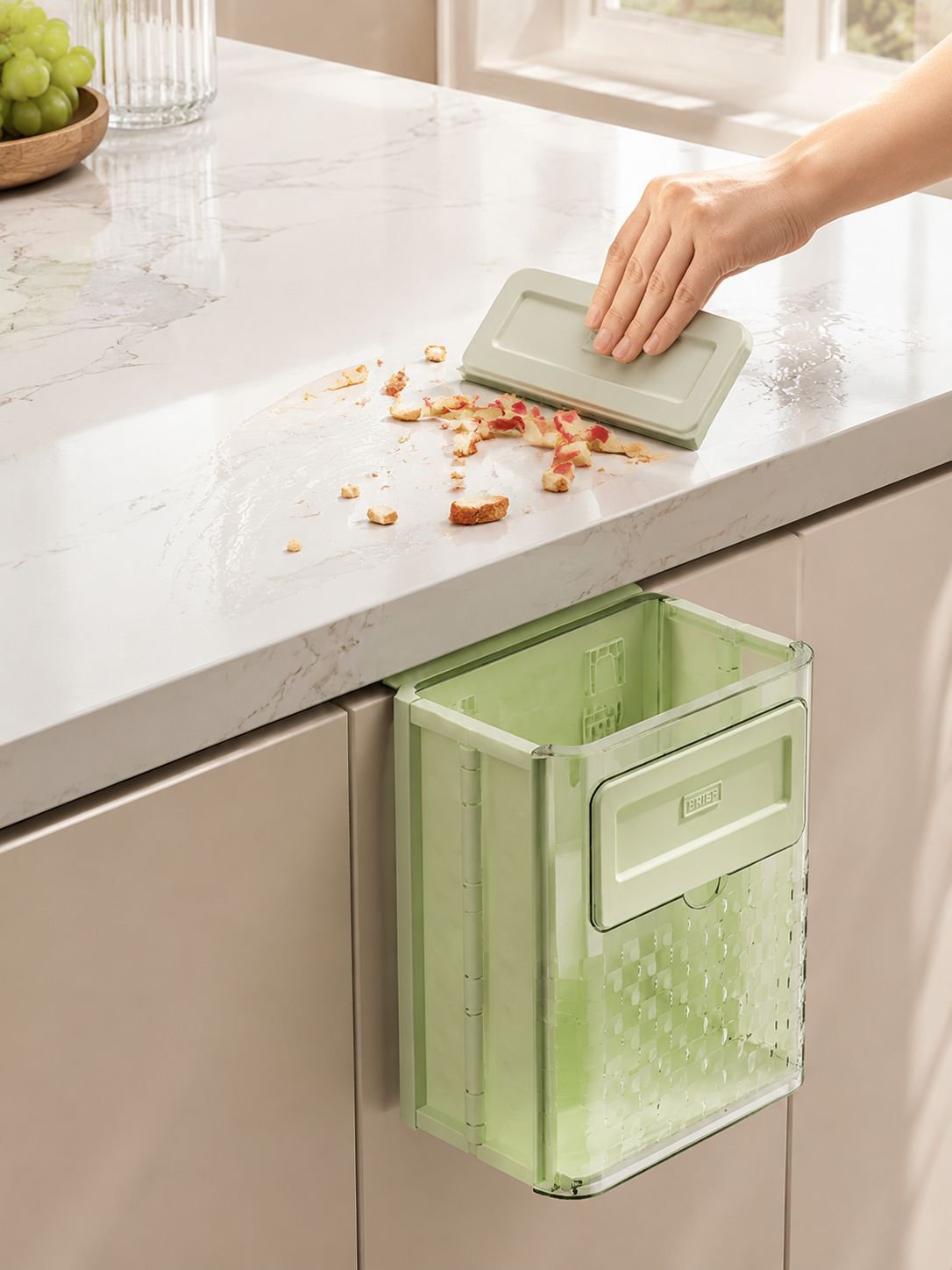 Punch-free installation trash bin for kitchen cabinets