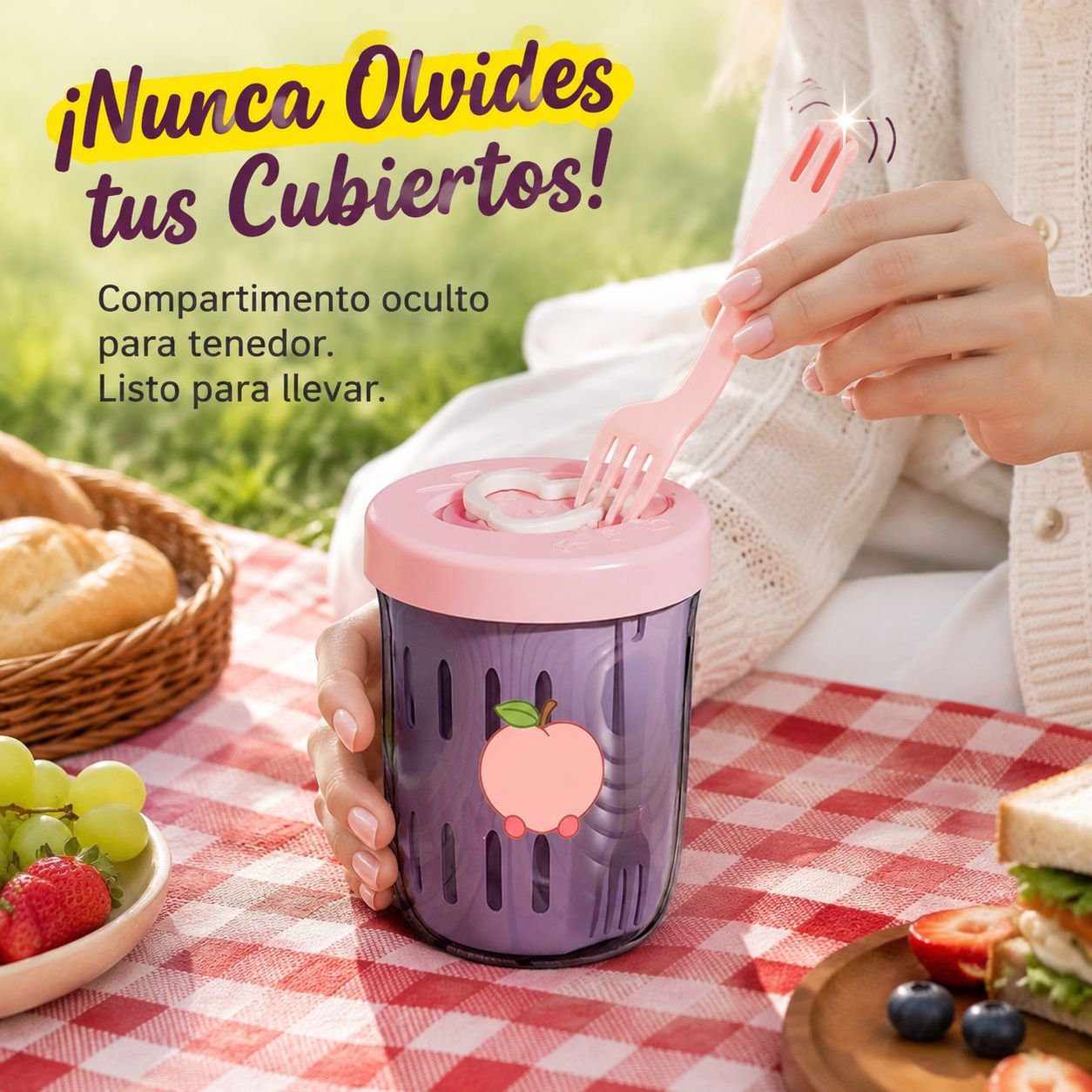 Vaso de ensalada de frutas con colador, portátil y con cuchara, diseño atractivo