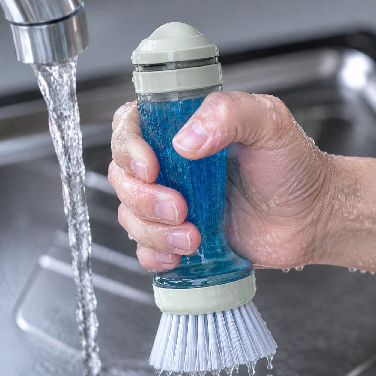 Brosse de cuisine avec réservoir de liquide rechargeable