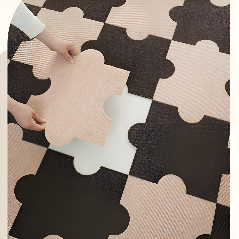 Home room fully covered with large area spliced block carpet