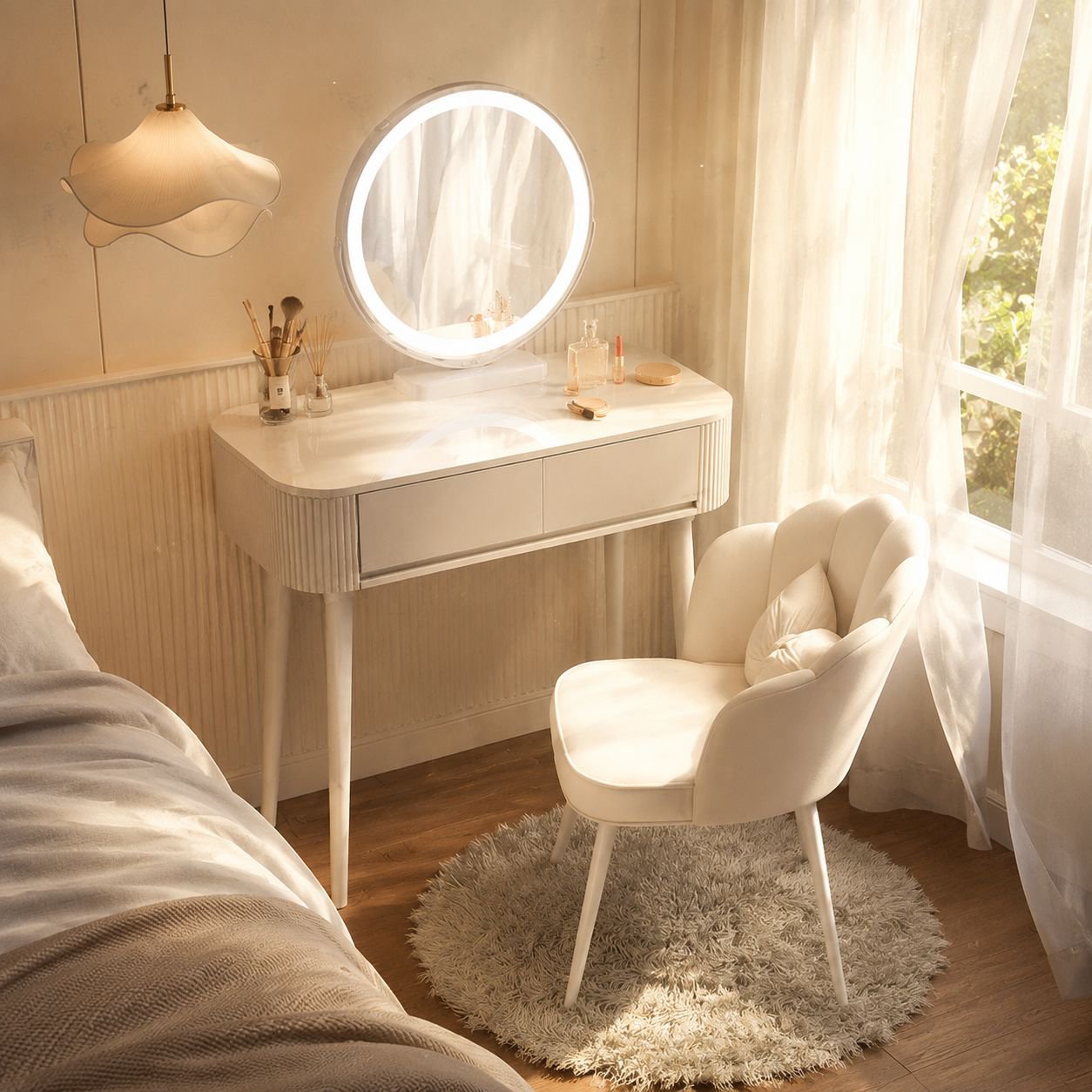White minimalist dressing table with drawers