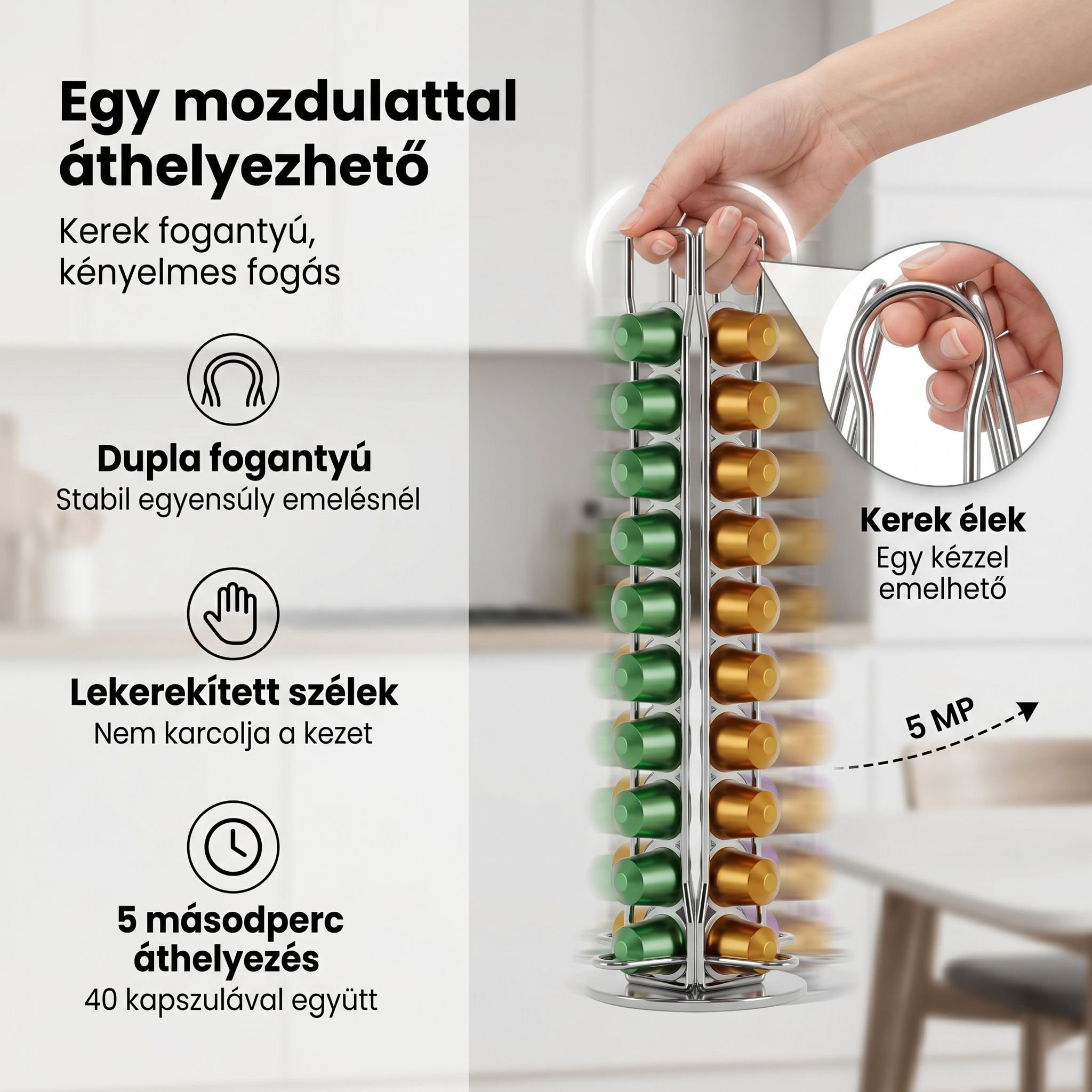 Multifunkciós kávékapszula tartó, forgatható fém állvány pultokra