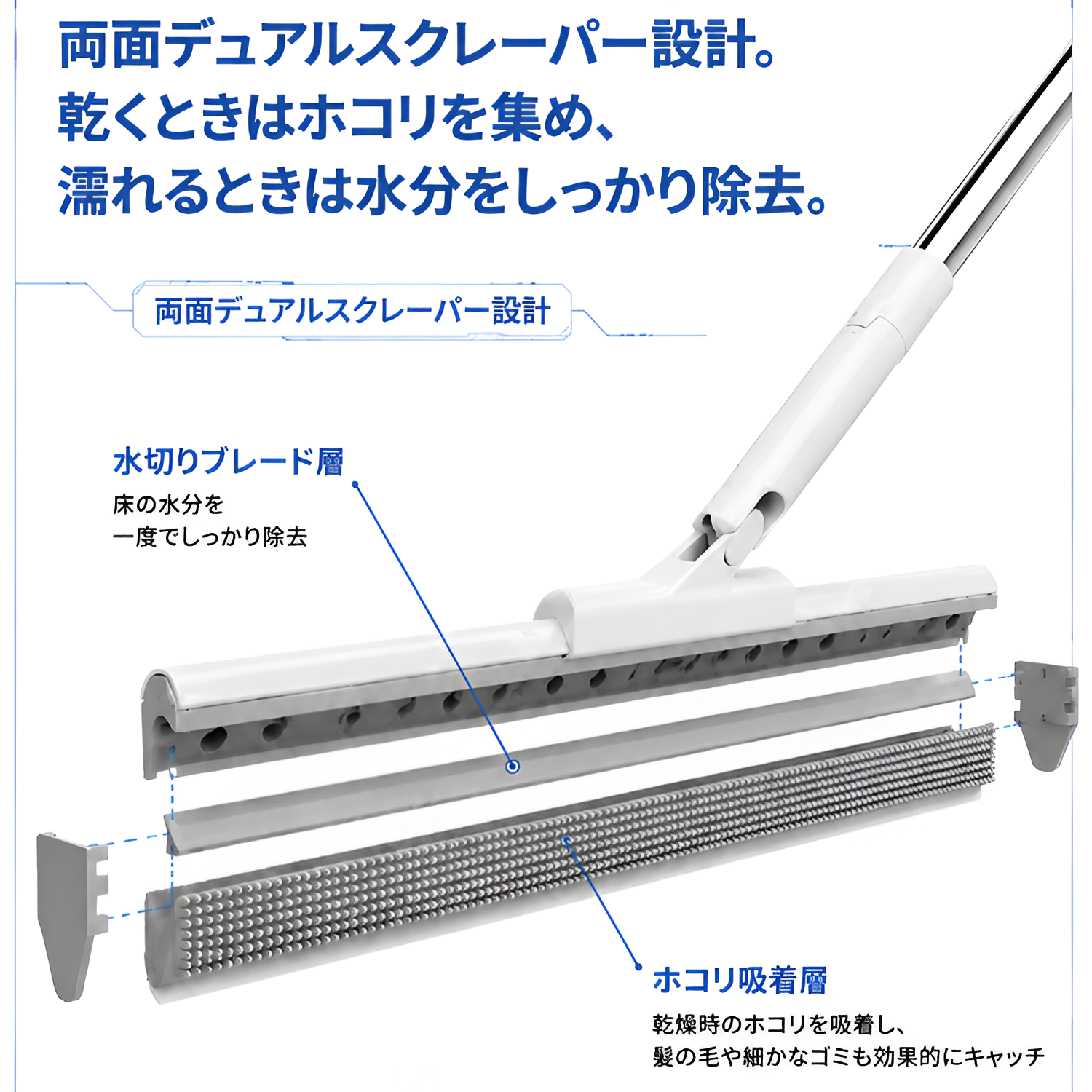 スクイージーとモップが一体化した魔法のほうき、シリコン製スクイージー付き
