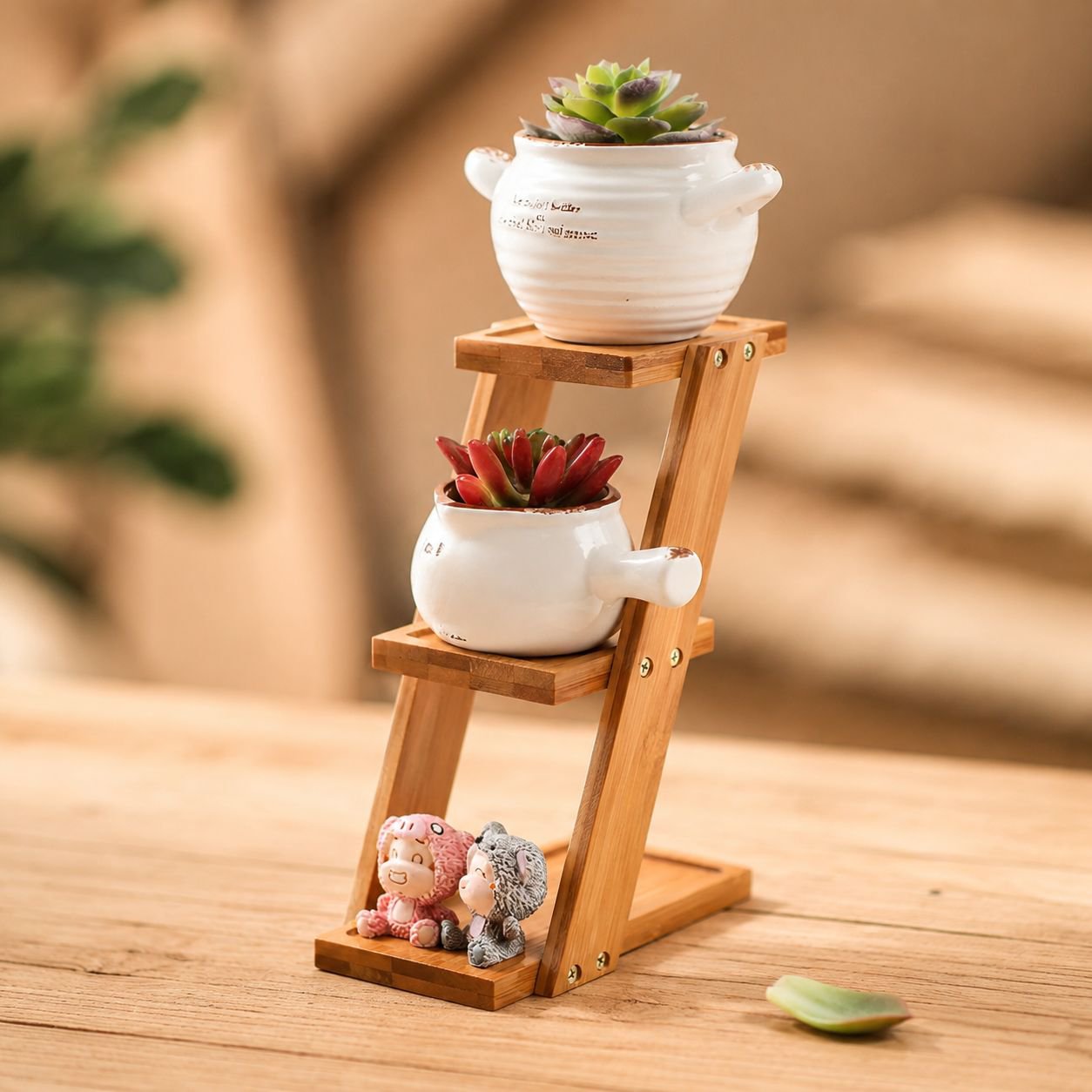 Desktop-Blumenständer, 25*10*18cm, Bambus, kleiner Pflanzenständer für kleine Blumentöpfe
