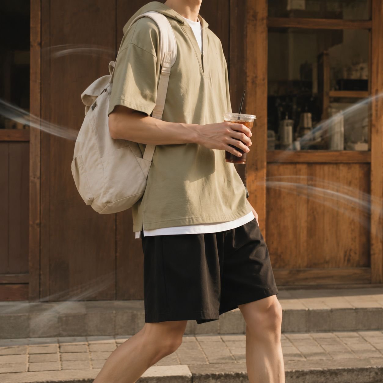 メンズゆったりストリートレイヤード風フード付き半袖Tシャツ 280gコットン 春夏新作