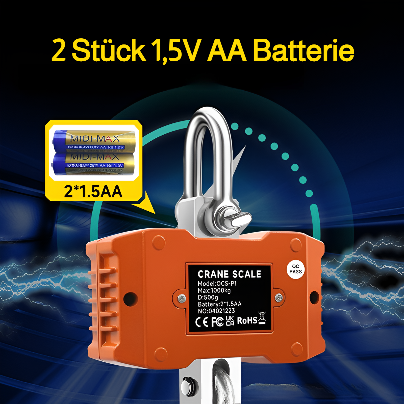 Elektronische Kranwaage 1000 kg/1500 kg/2000 kg, elektronische Waage 1 T/1,5 T/2 T, tragbare Hakenwa
