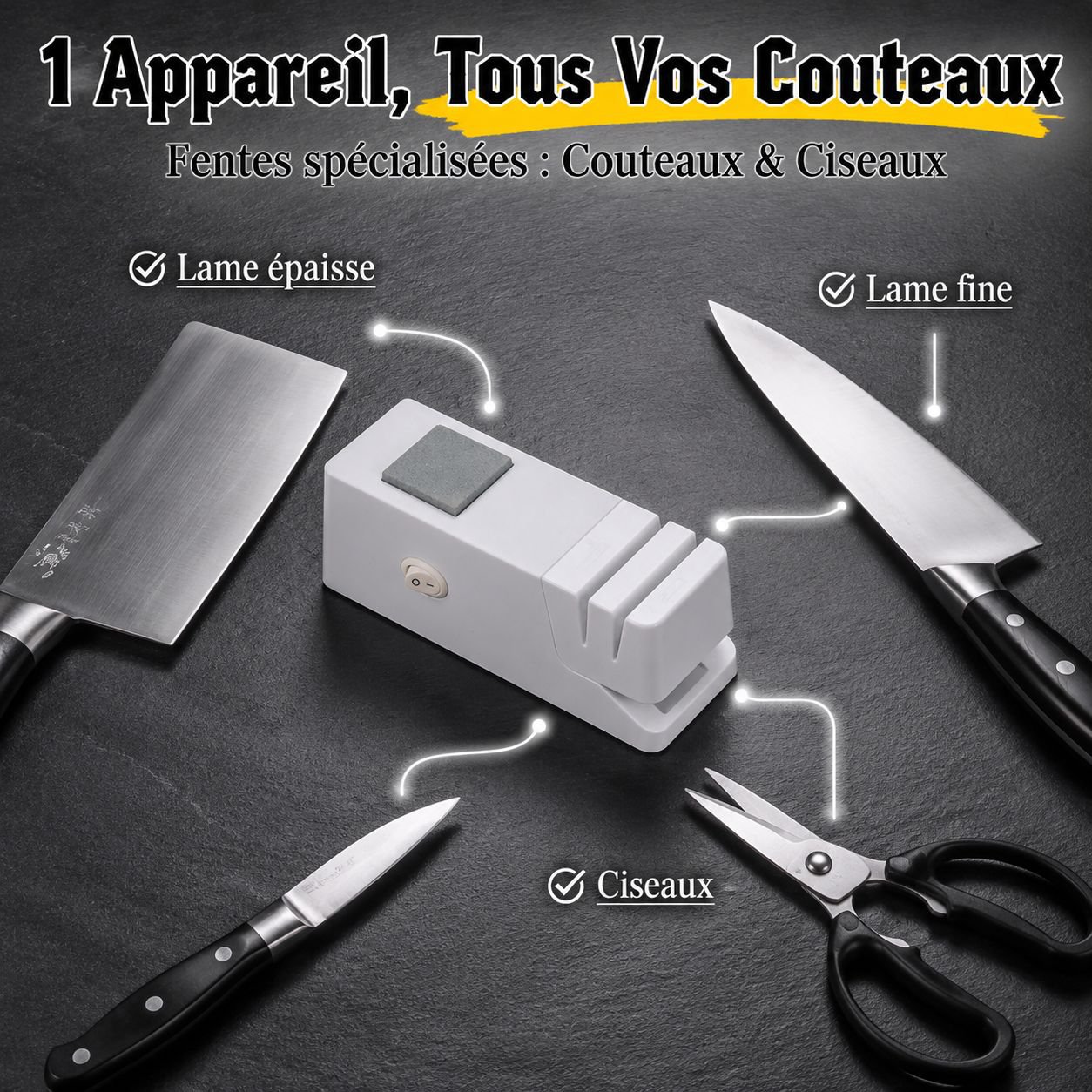 Affûteur électrique automatique pour couteaux et ciseaux de cuisine, usage domestique