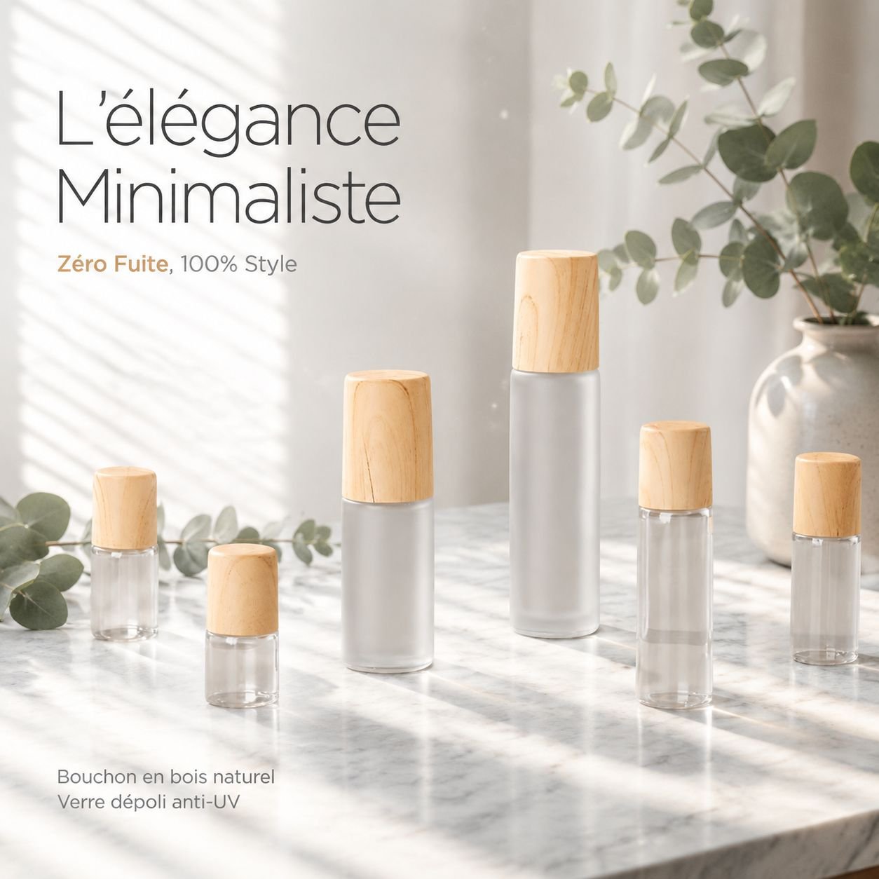 Bouteille à bille en verre givré 1 ml avec couvercle à effet bois