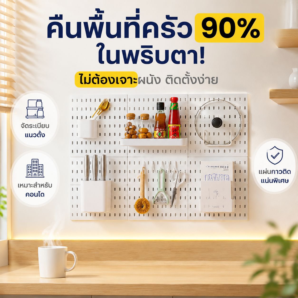 ชั้นวางของอเนกประสงค์ติดผนังสำหรับห้องครัวและห้องน้ำ ติดตั้งแบบไม่ต้องเจาะ