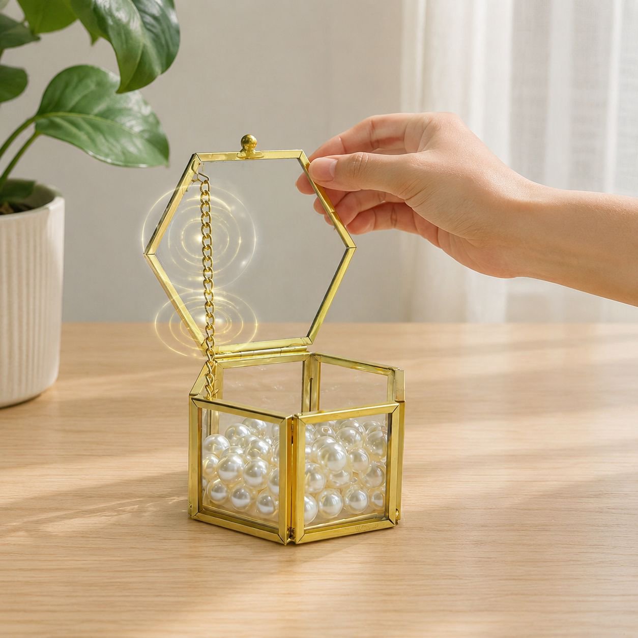 Hexagonal Gold Glass Jewelry Storage Box, Ring Display Box, Ornament