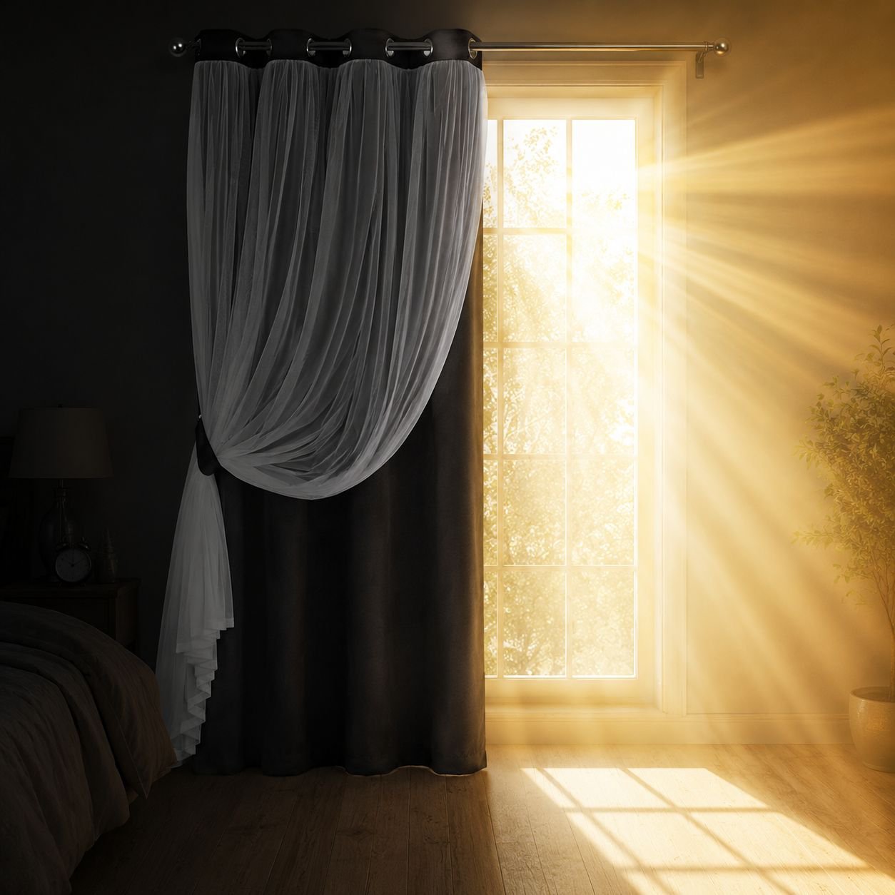 Double layer blackout curtain with lace trim hanging in a modern living room