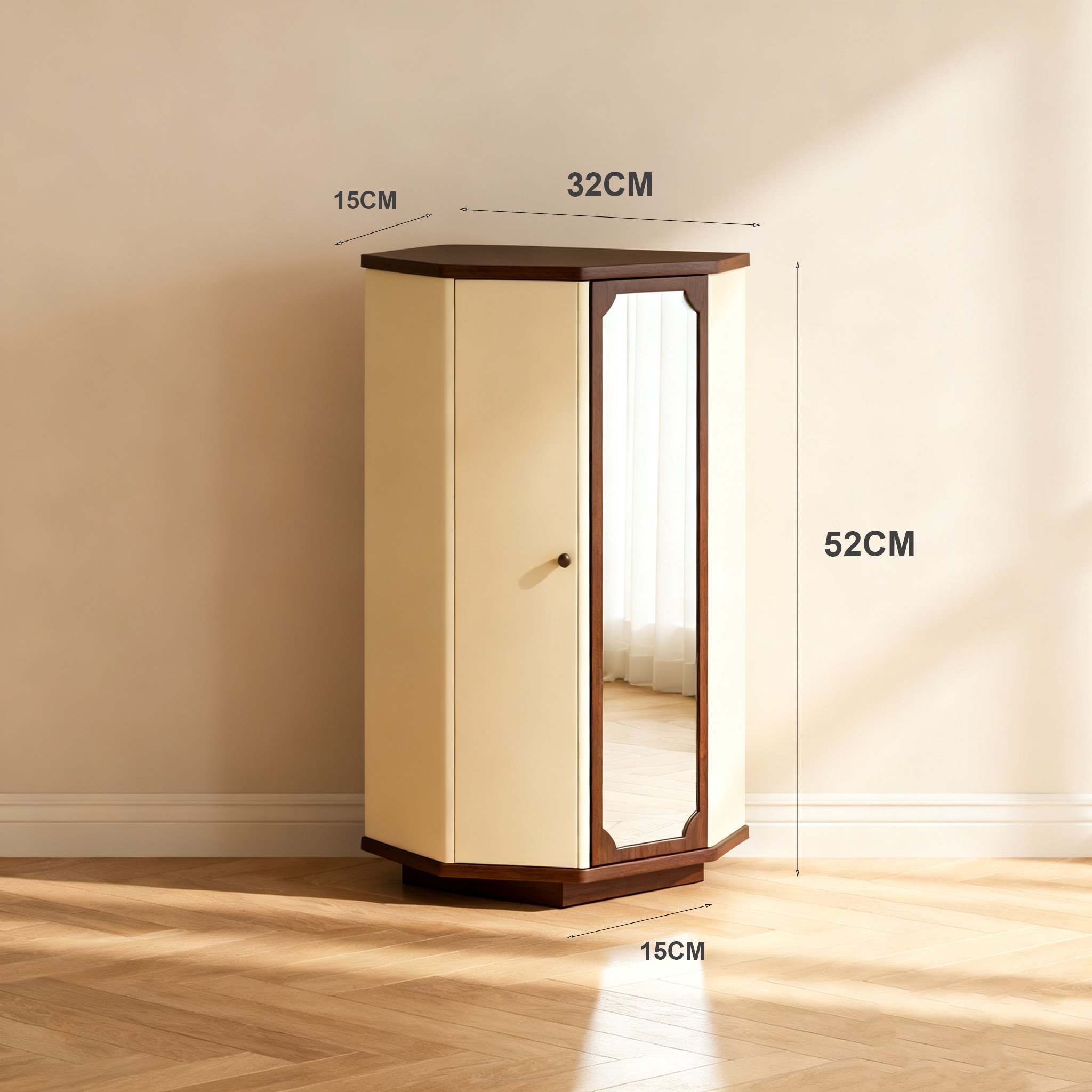 거실에 배치된 모서리 수납장 인테리어 예시