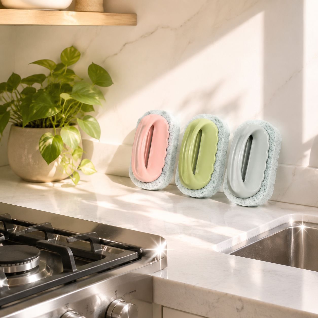 Household cleaning tool set with sponge brush in action