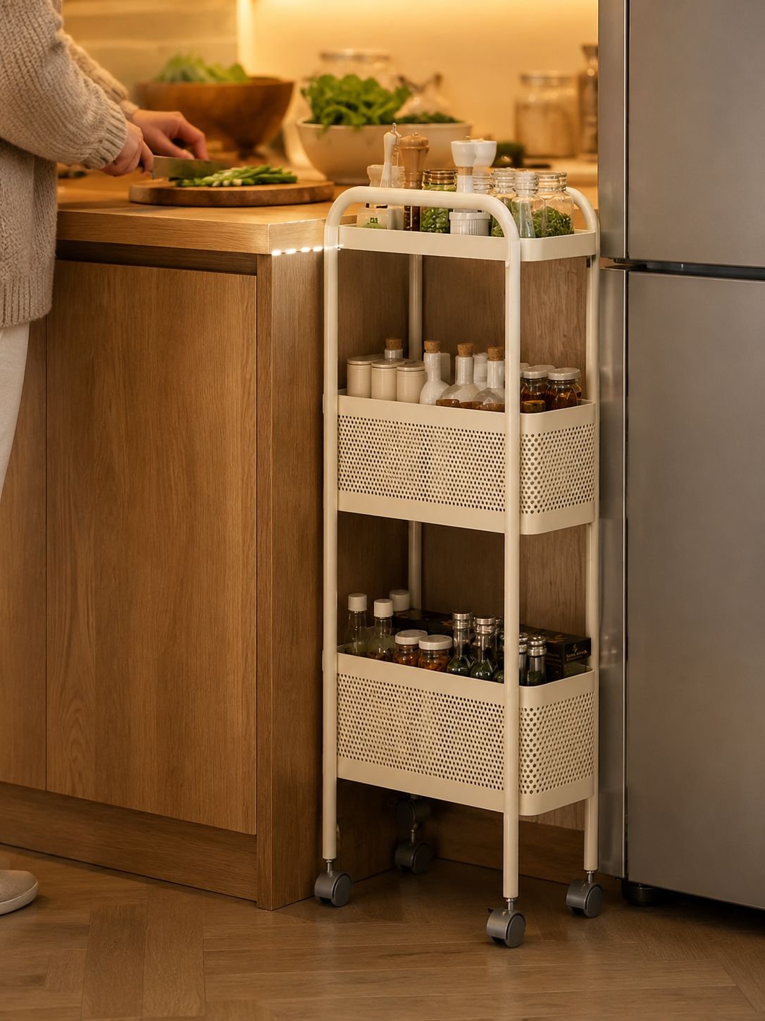 Organizador de verduras y alimentos en cocina pequeña