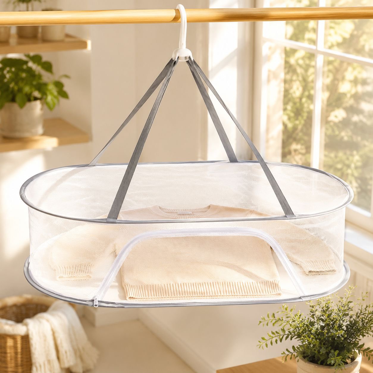 Windproof Zippered Laundry Drying Net Basket hanging outdoors