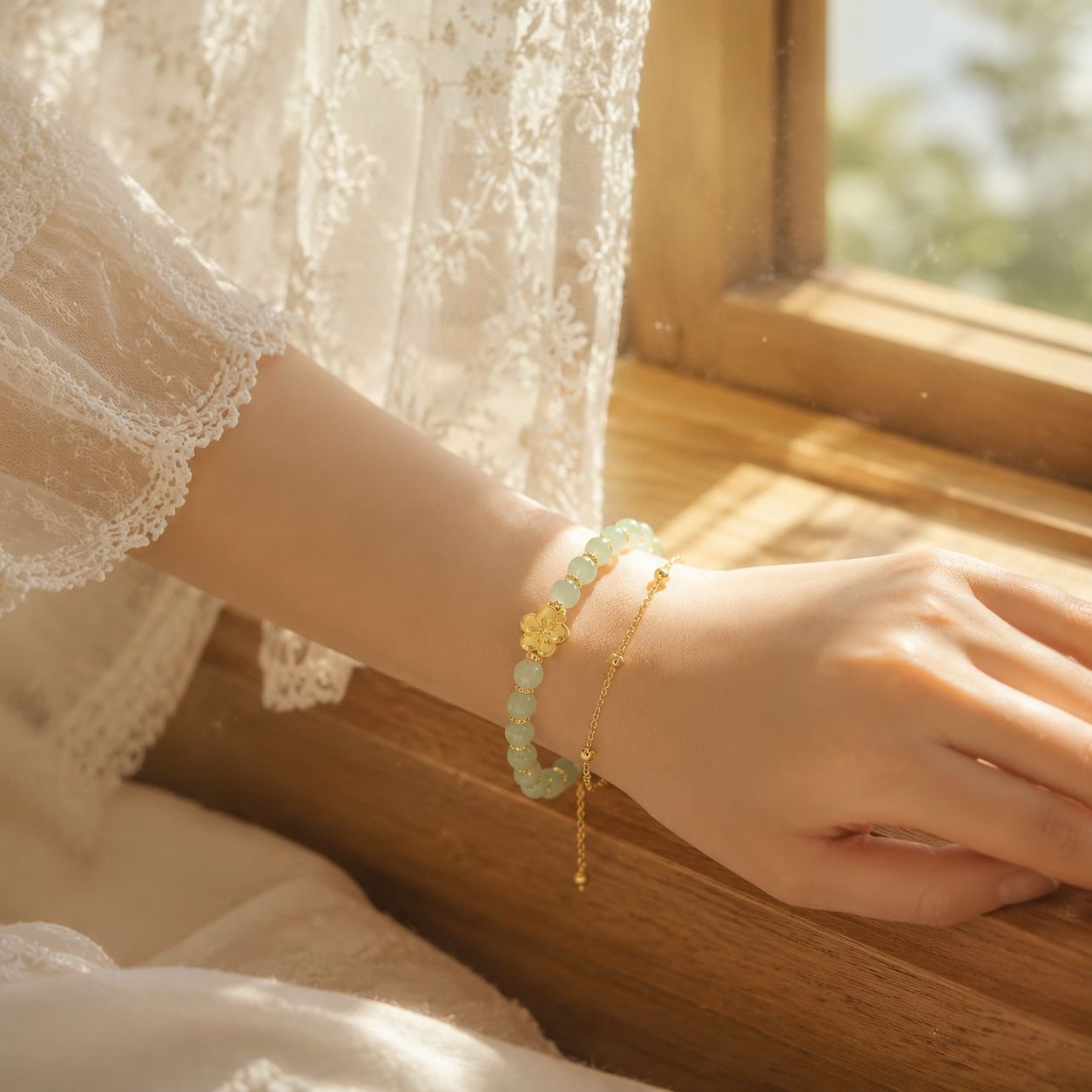 桃の花とイチョウの葉のデザインが施された、豪華で洗練された和田翡翠のブレスレット。女性向けの二重ビーズブレスレットで、レトロな中国風ジュエリーです。