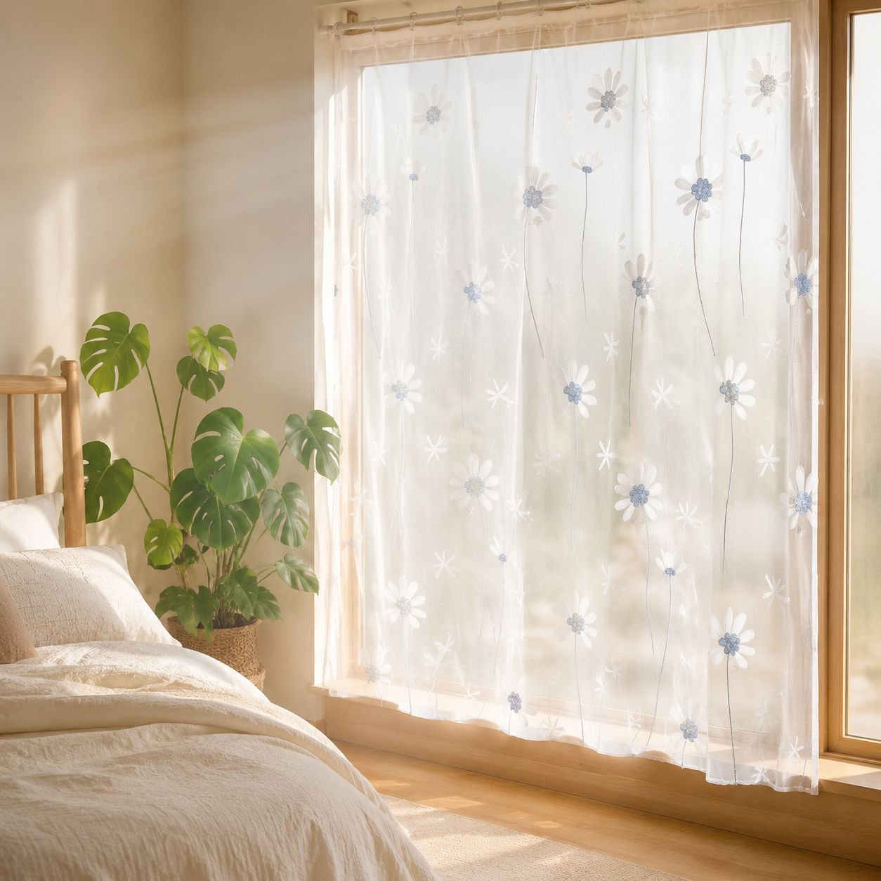 Chrysanthemum pattern transparent window screen in modern living room
