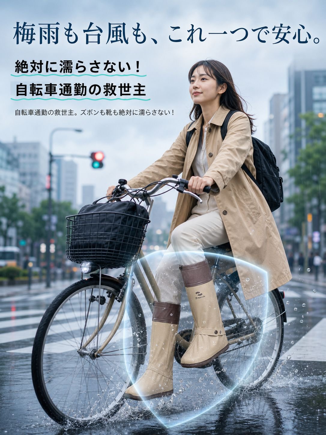 【靴もズボンも濡らさない】ゲリラ豪雨・台風を無力化！「5秒装着」完全鉄壁ロングレインカバー
