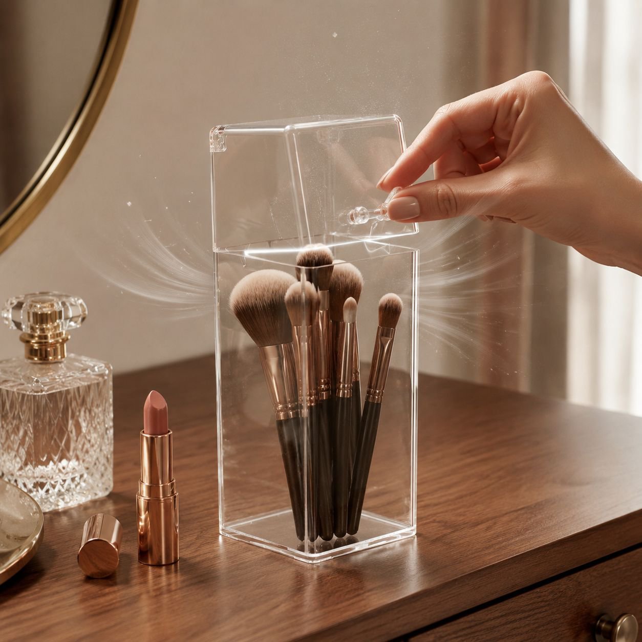 Flip-top acrylic pen holder, transparent square desktop organizer, mirror cabinet makeup brush stora