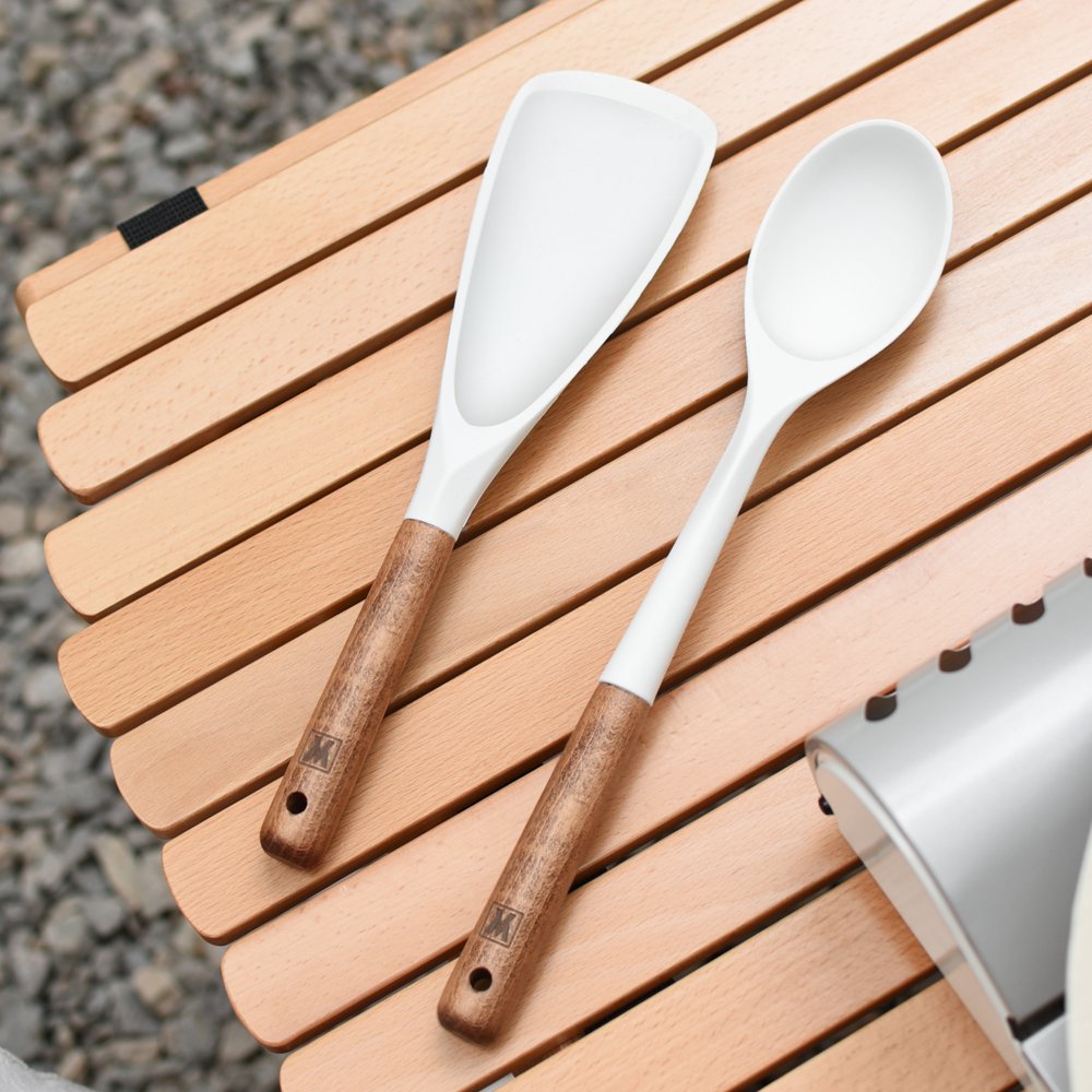 Set de lingură și spatulă din silicon cu mâner scurt din lemn