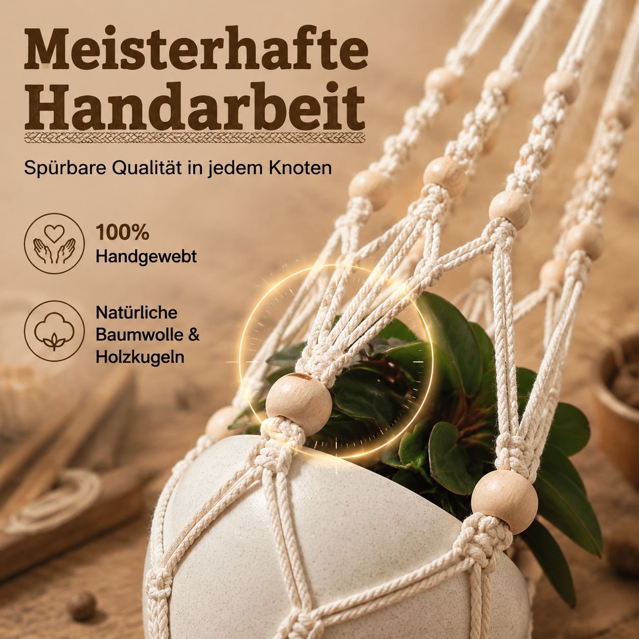 Handgewebter Pflanzenhänger aus Baumwollseil für Balkon Deko