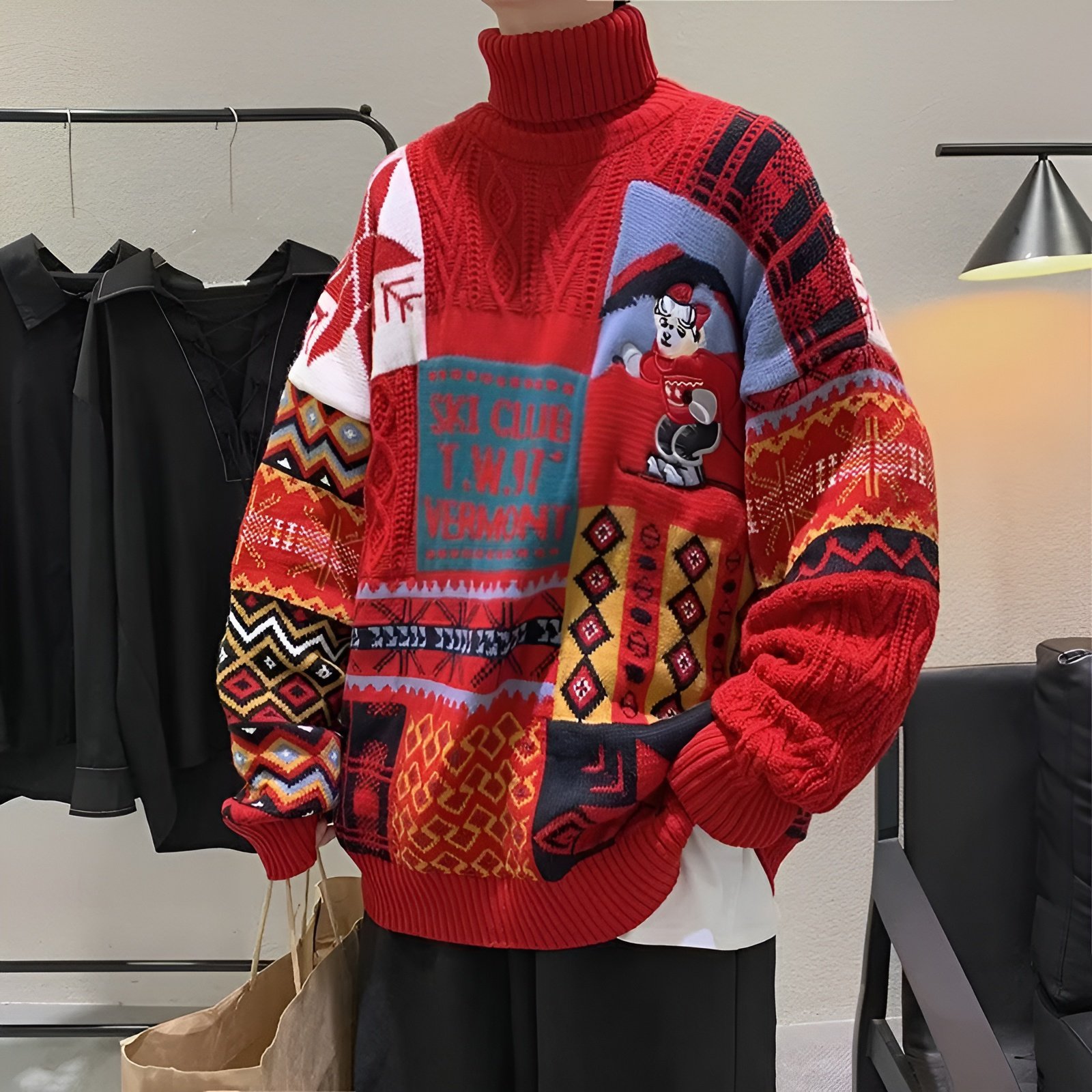 冬用クリスマスカップルセーター 高領 アメリカンスタイル 厚手ニット ゆったり 男女ペア