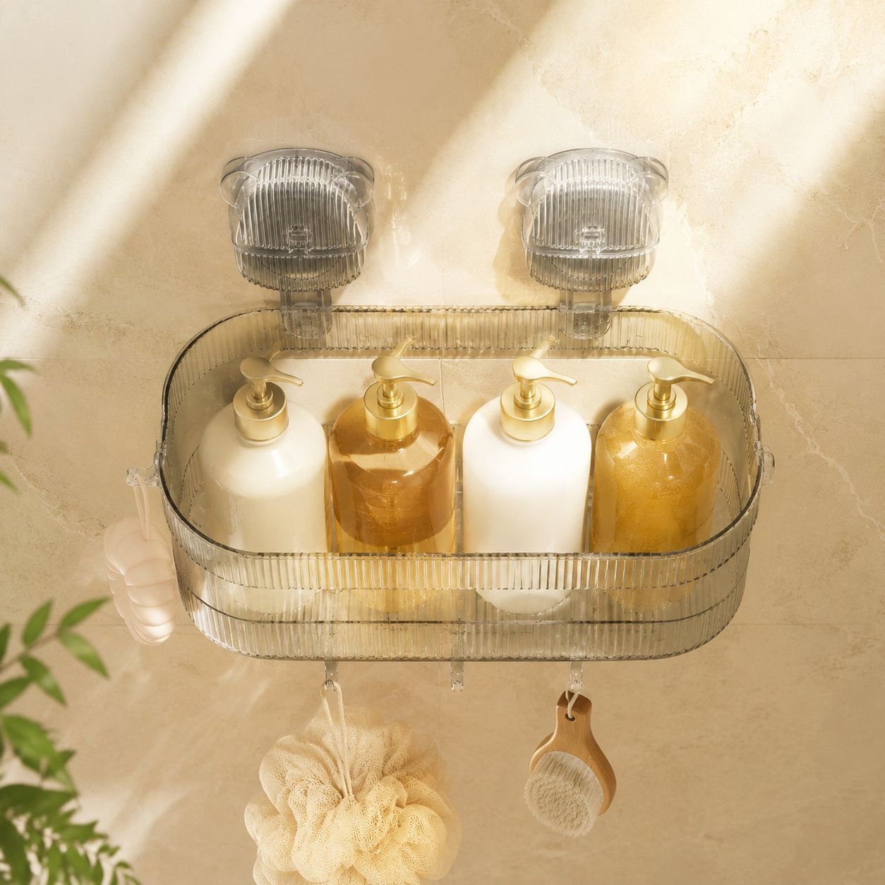 No-drill suction cup wall shelf installed in bathroom