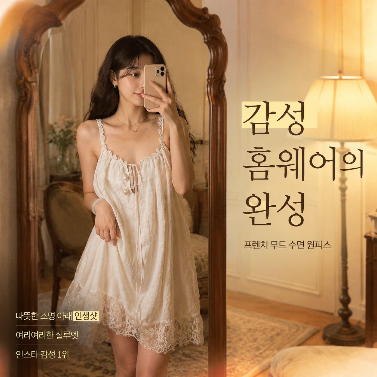 프렌치 레이스 트리밍 루즈핏 슬립 여성 홈웨어 드레스