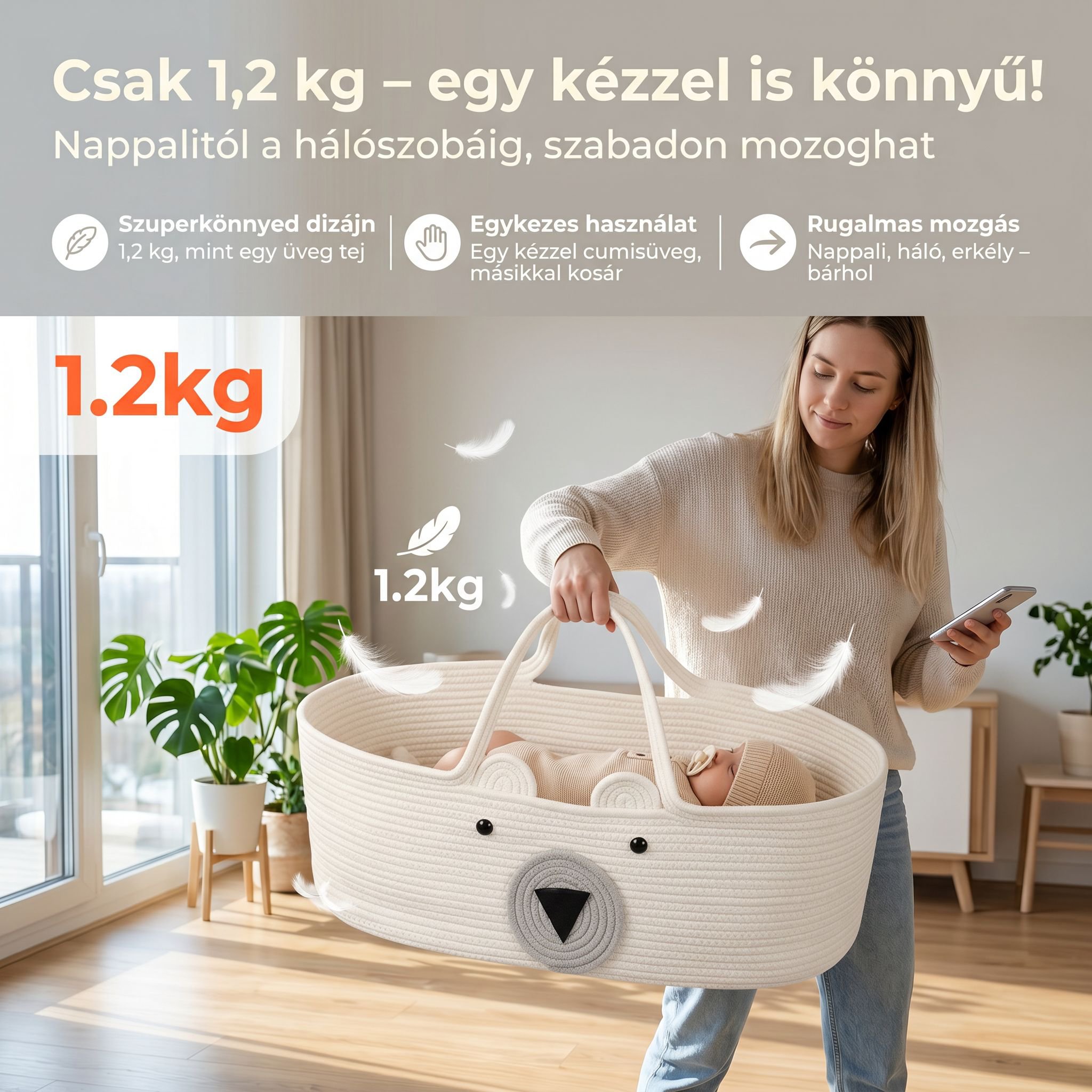 Baba pamutzsinórból font tárolókosár aranyos rajzfilm stílusú újszülött bölcső