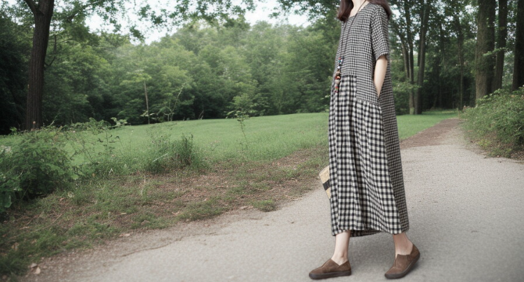 レディース大きいサイズゆったりチェック柄コットンリネンドレス全身画像