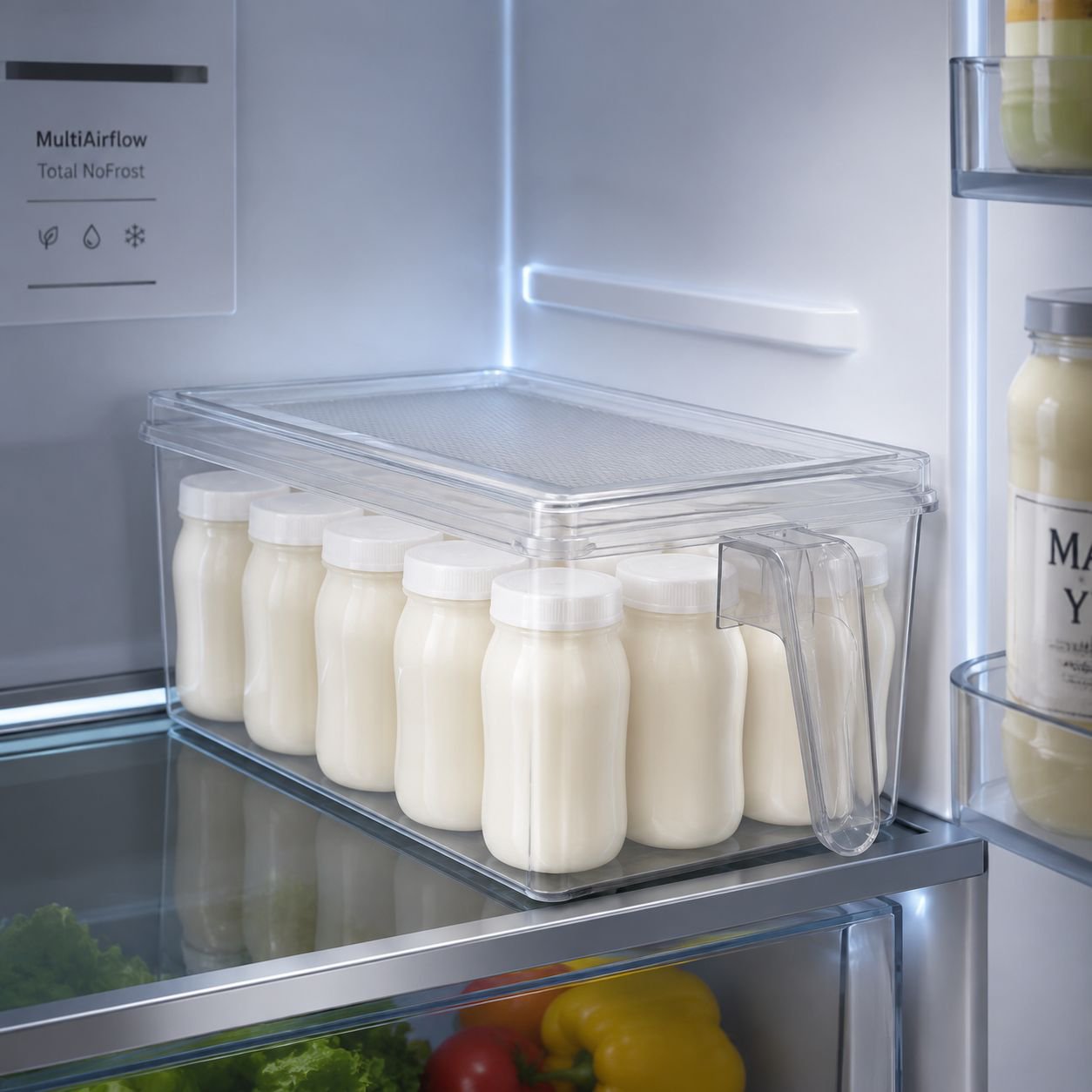 Clear storage box holding fruits and vegetables