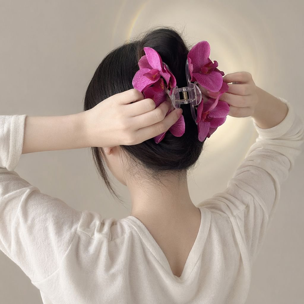 高級蘭シャーククリップ グラデーションフラワーヘアクリップ レディース多用途ヘアアクセサリー