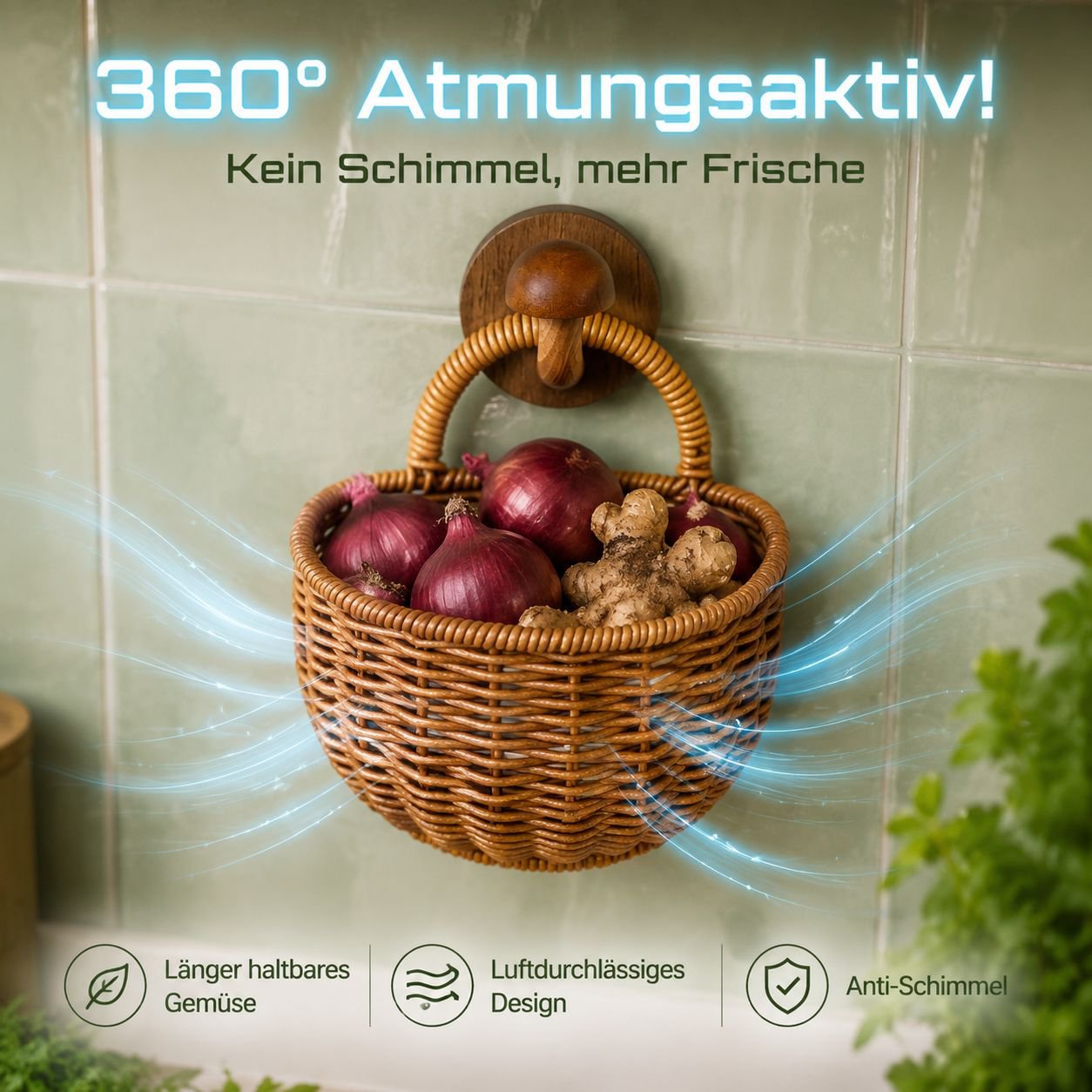 Wandhängender Rattan-Optik Aufbewahrungskorb, Kleiner Korb für Gemüse und Obst