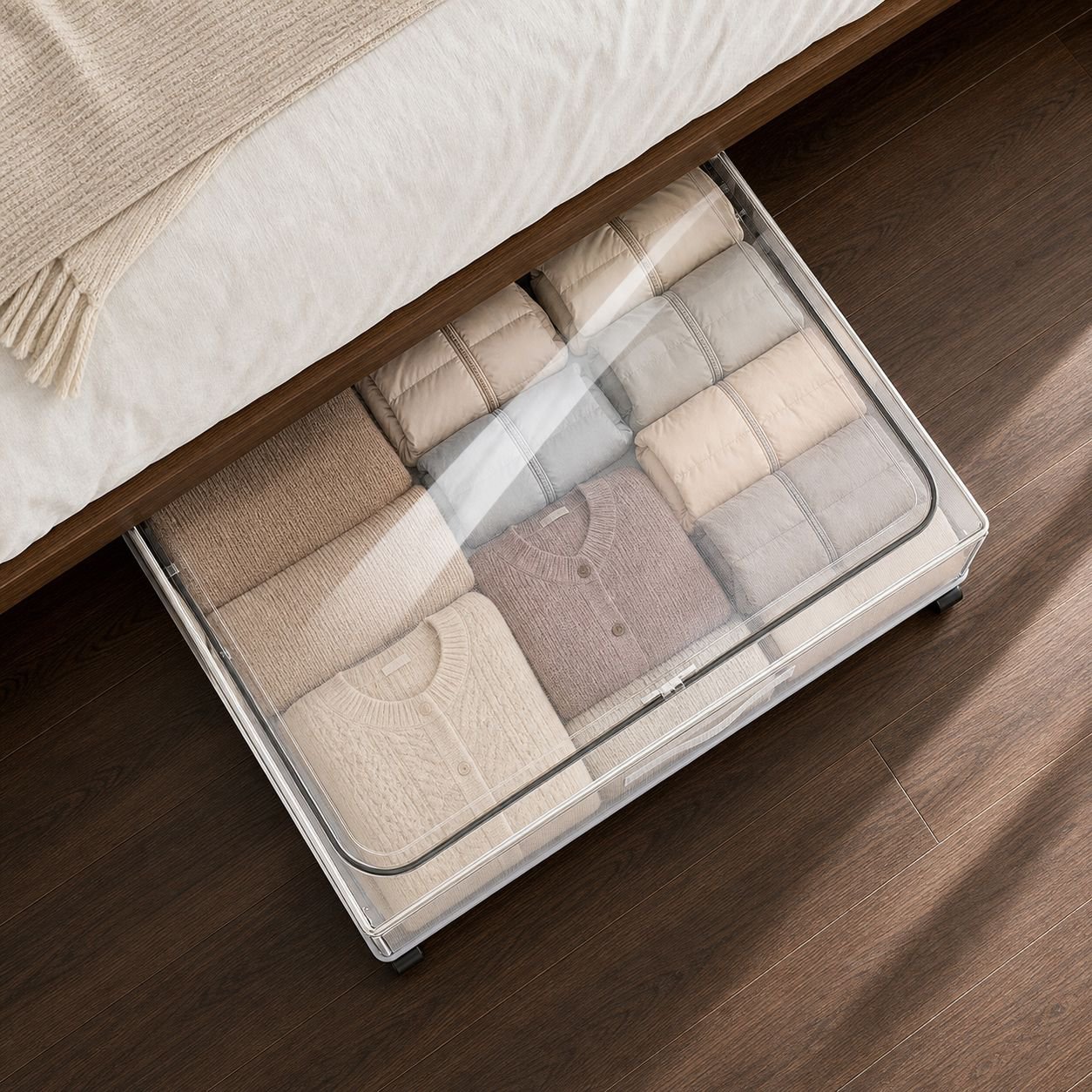 Große Unterbett-Box mit Rollen, feuchtigkeitsbeständige, transparente Aufbewahrung für Kleidung