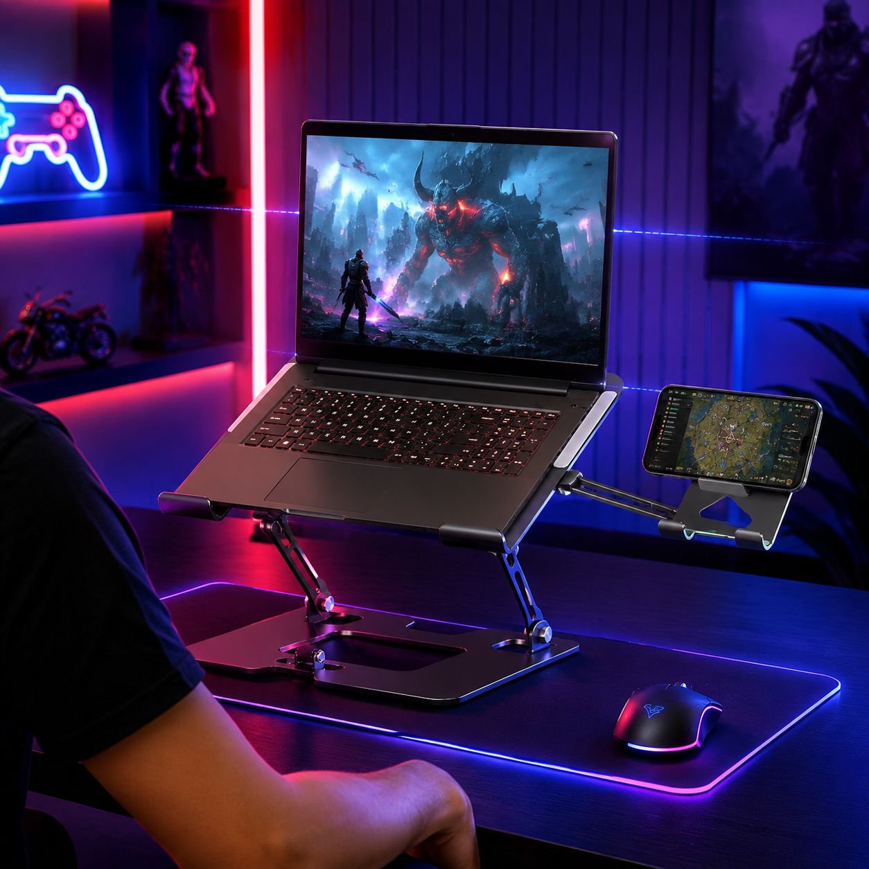 Portable elevated laptop stand with phone holder and fan