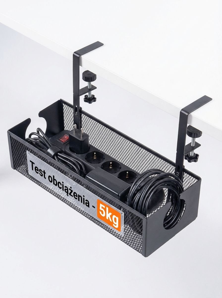 Metalowa półka do kabli z miejscem na zasilacze