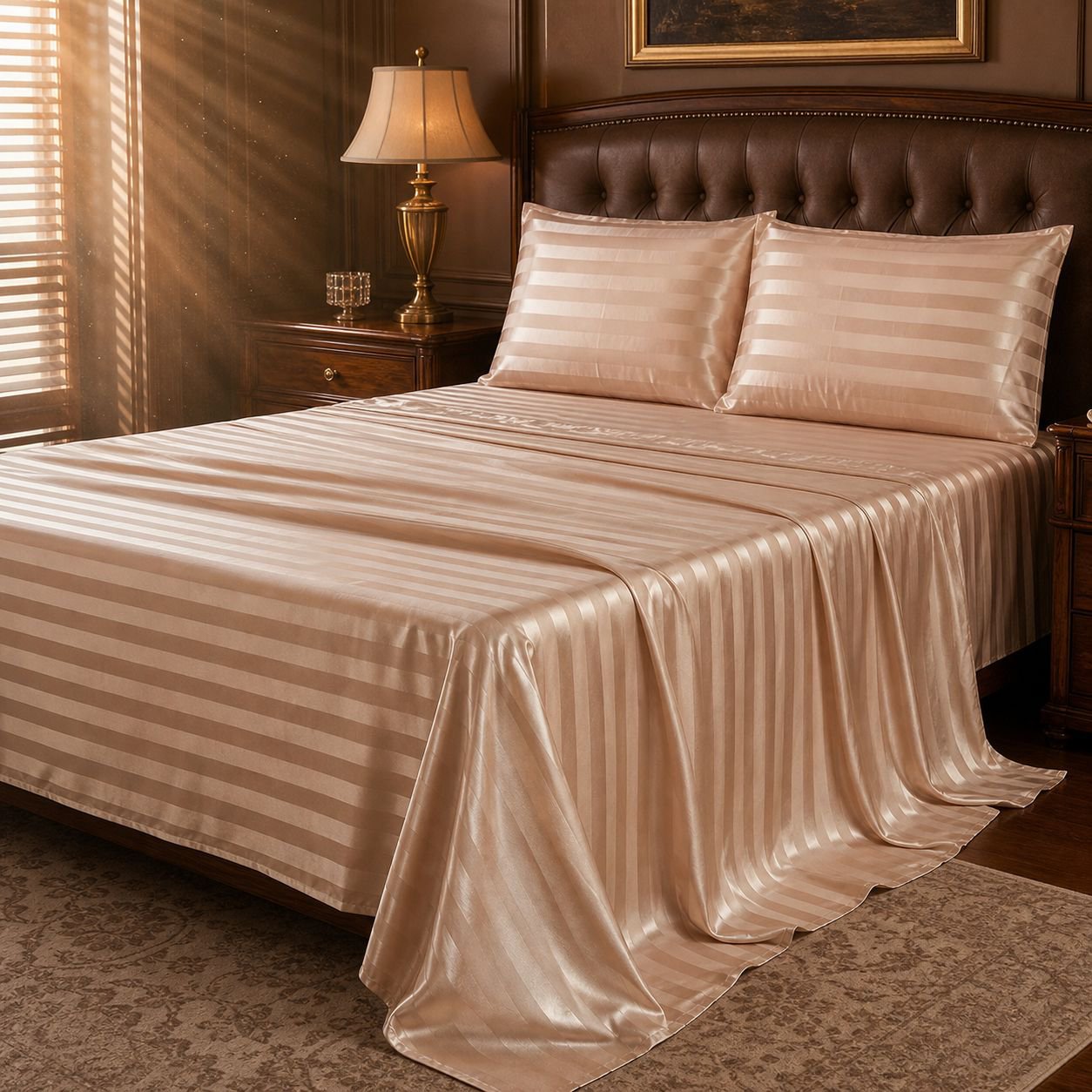 American Light Luxury Silk Satin Bedding Set on Queen Bed