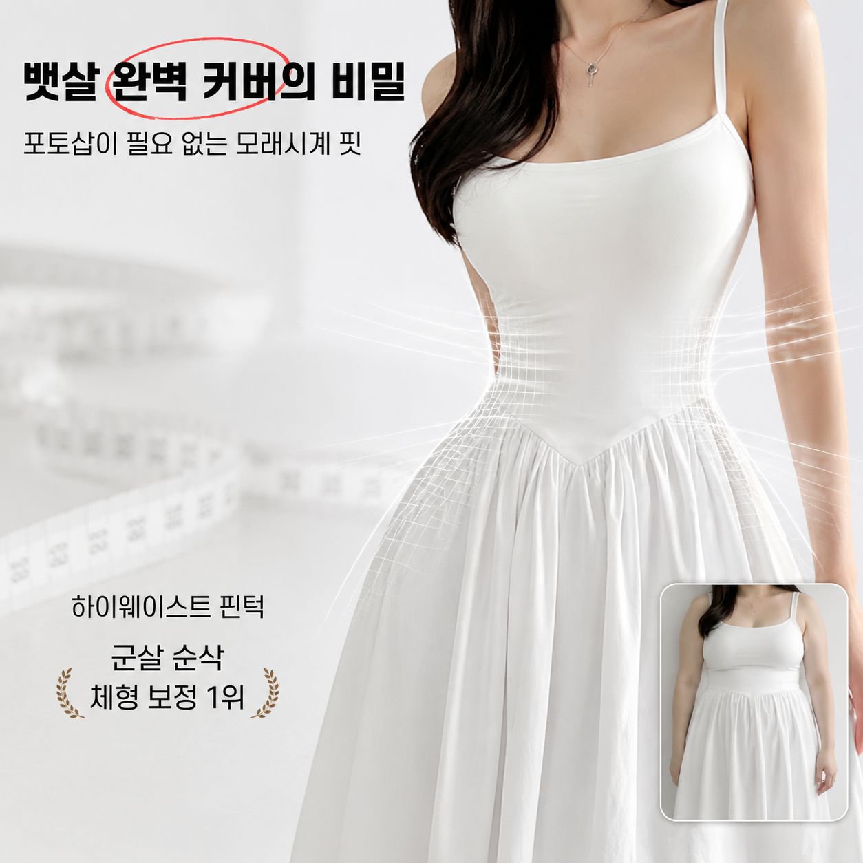 신상 프렌치 화이트 슬리브리스 허리 슬림 원피스