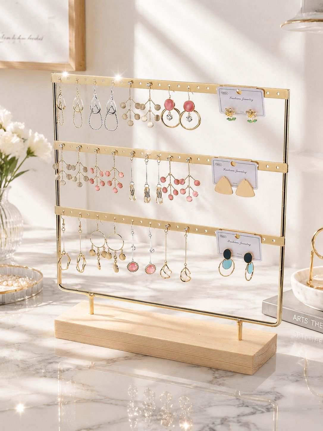Elegant earring holder with sturdy wood and iron construction