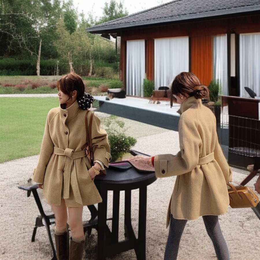 키 작은 여성용 루즈핏 모직 코트 착용샷