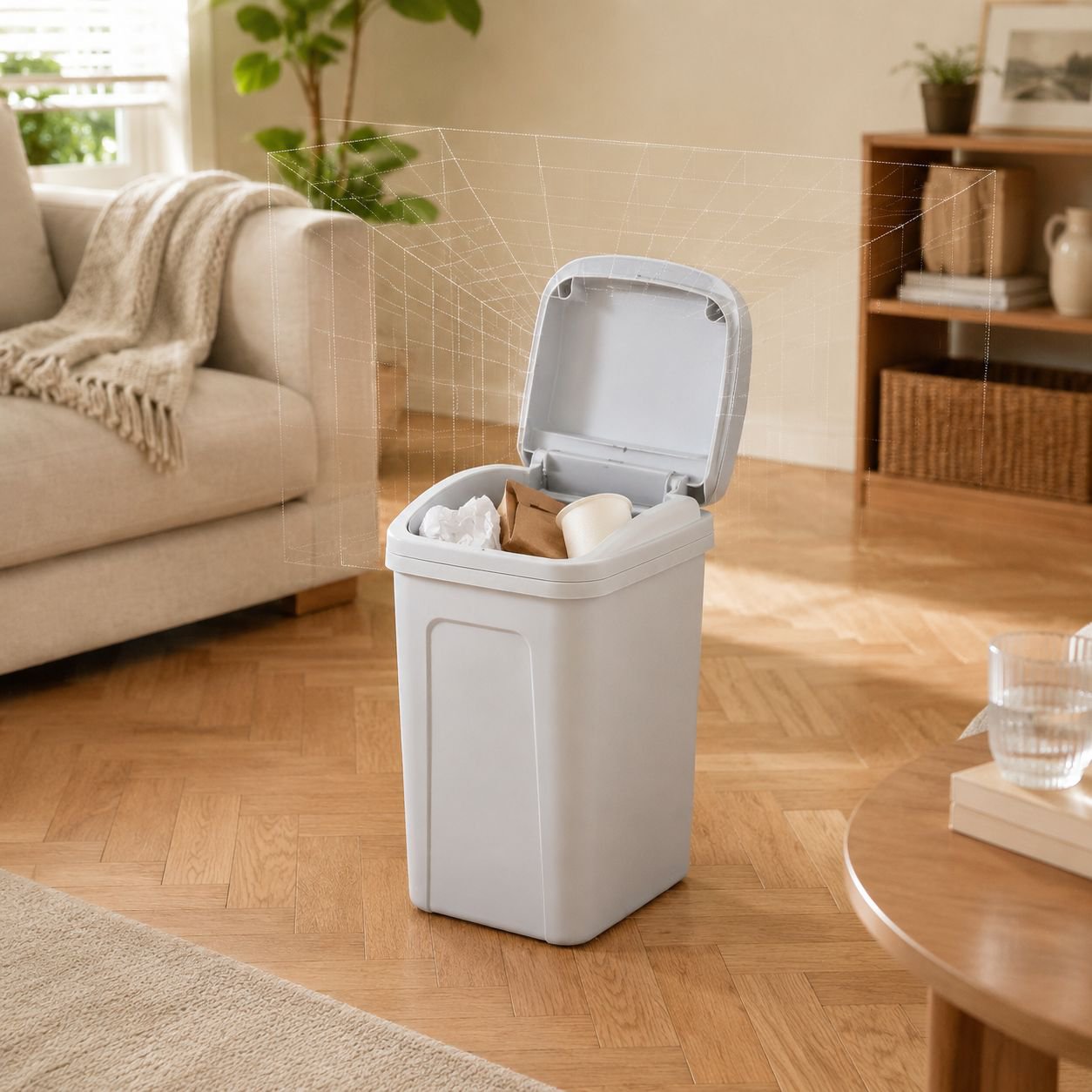 Stylish white trash can with swing lid for bathroom use