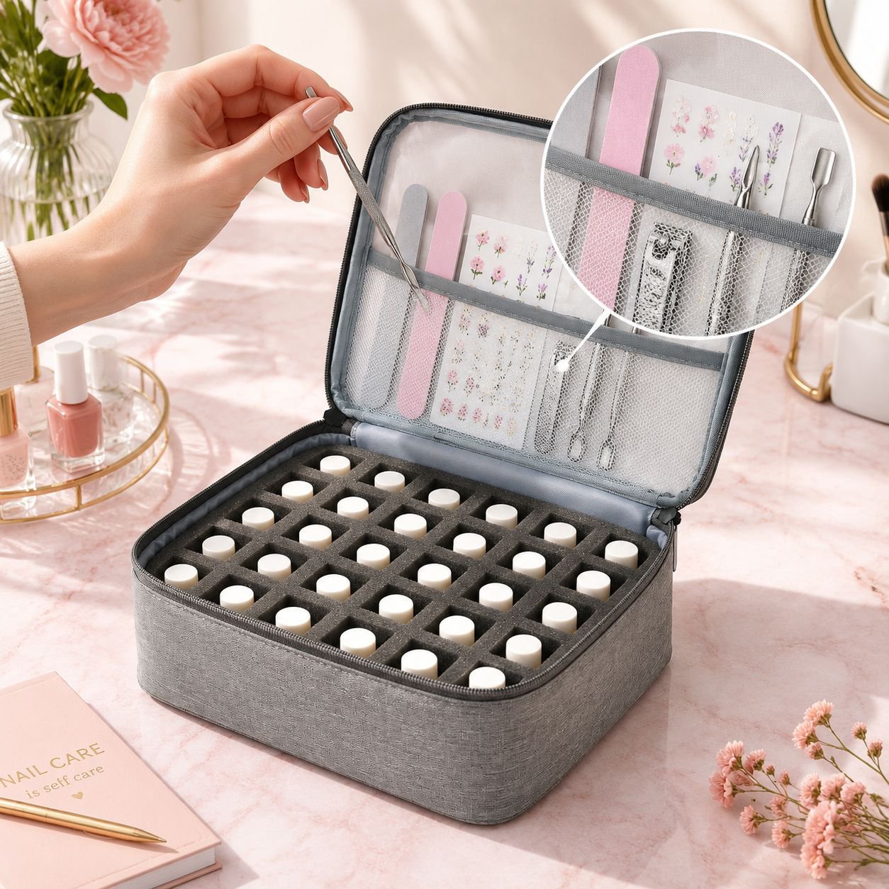 Travel toiletry bag in suitcase