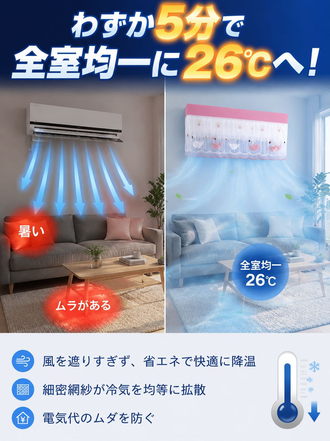 直風防止レース付きエアコンカバー