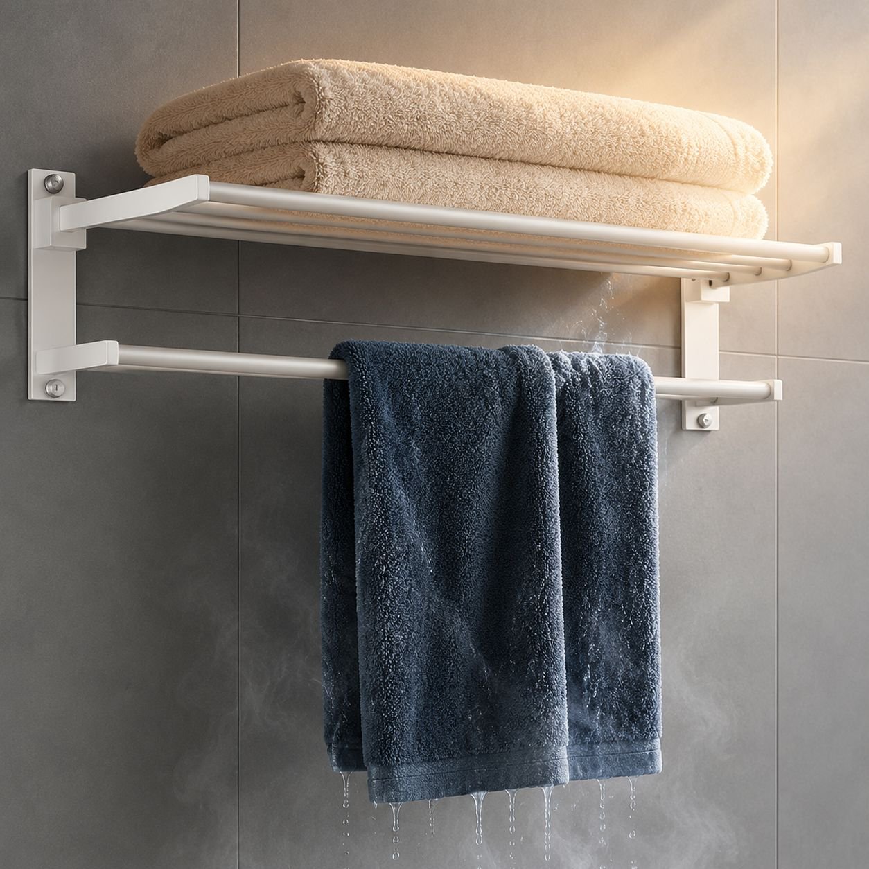 White No-Drill Bathroom Towel Shelf Rack