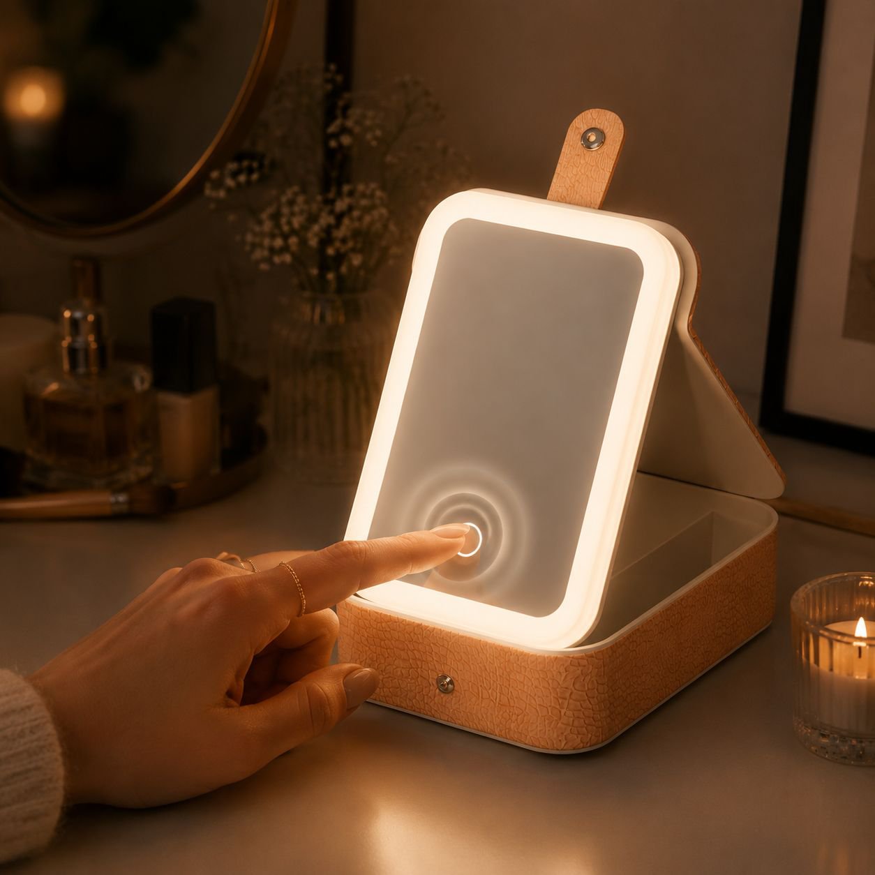 Travel LED Makeup Mirror Jewelry Box with PU Leather