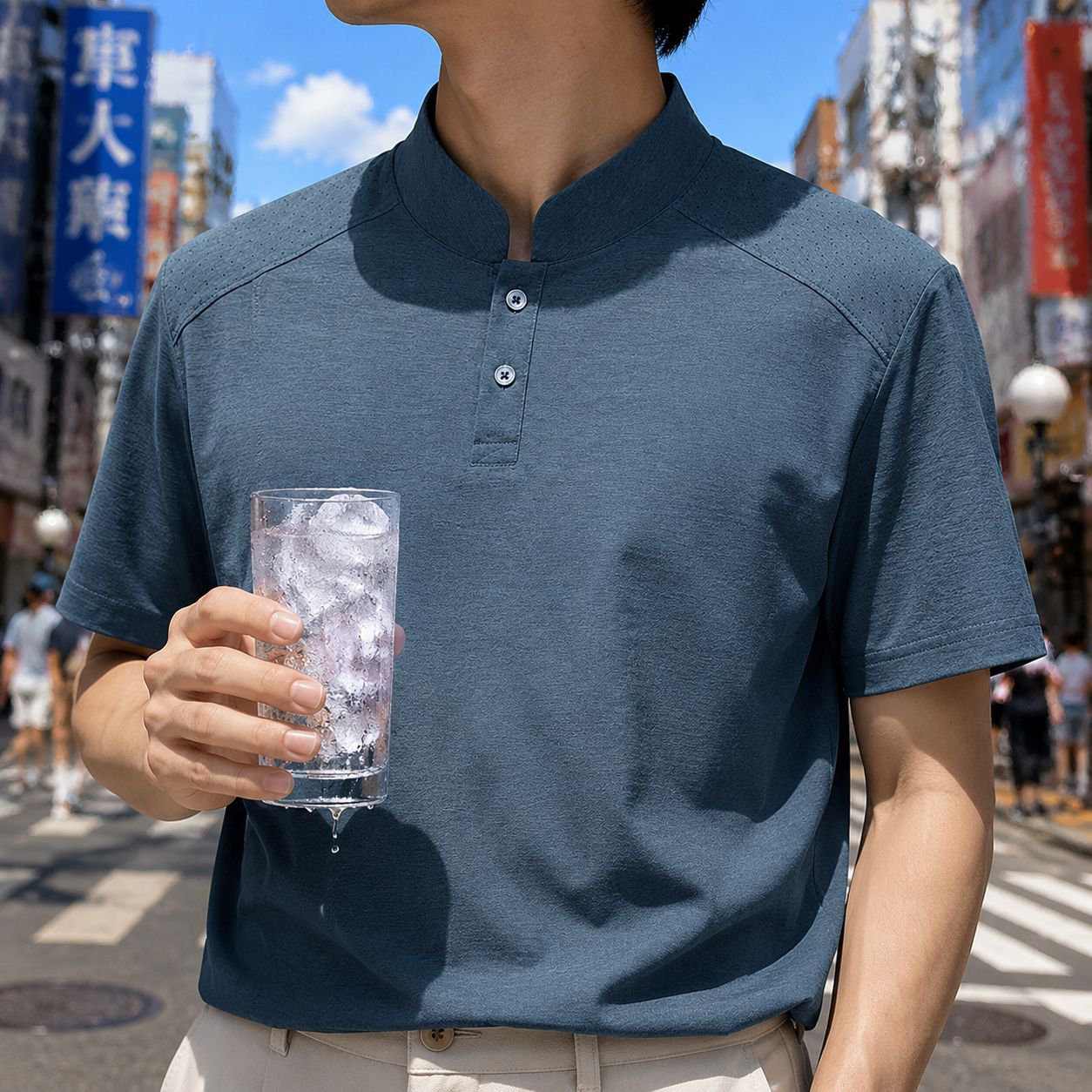 上品な印象のメンズスタンドカラーTシャツ背面画像
