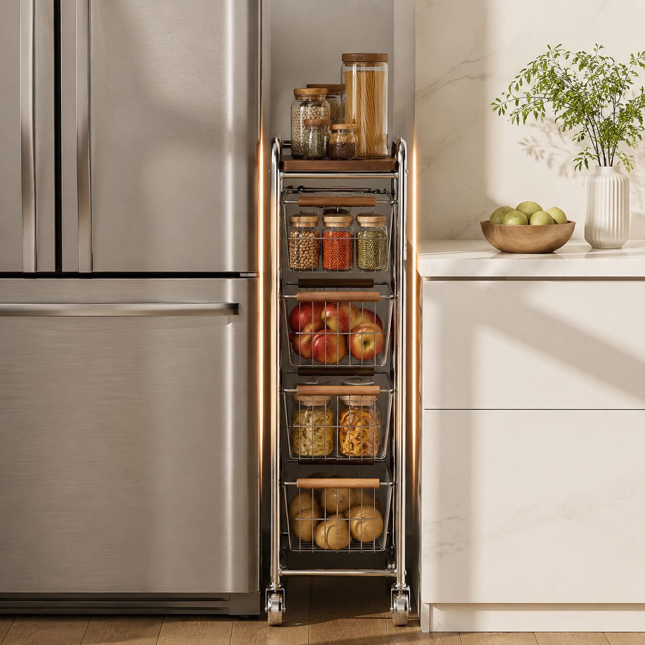Vintage-style kitchen narrow storage rack, refrigerator side storage rack, trolley, pull-out ultra-n